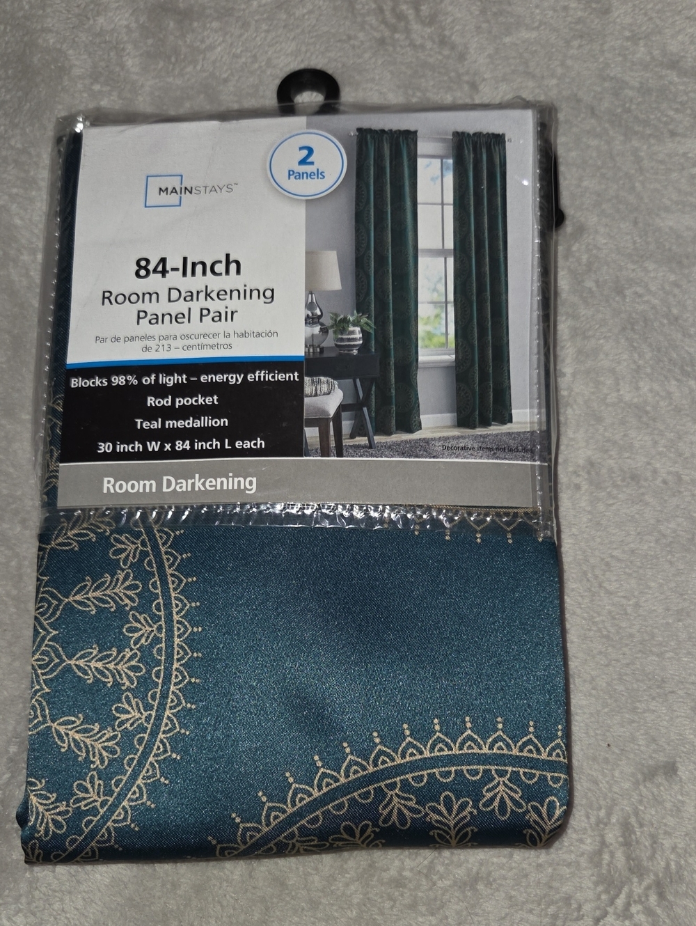 Mainstays 2 Panels Teal Medallion Printed Room Darkening Curtains 84"